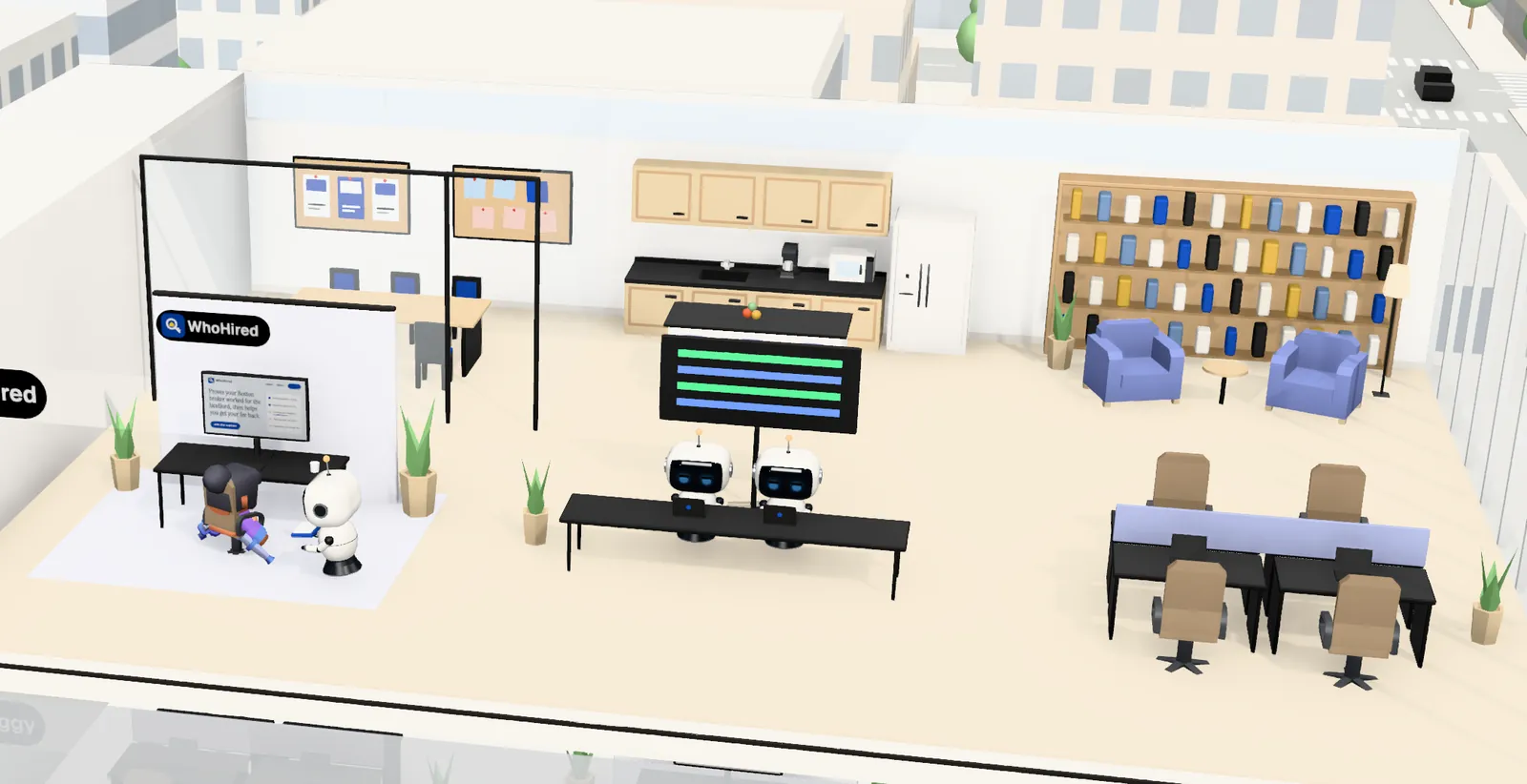 WhoHired’s office on floor 7 of Tower 1: the owner’s desk with the website on screen, the agents’ bench, a meeting room and a library